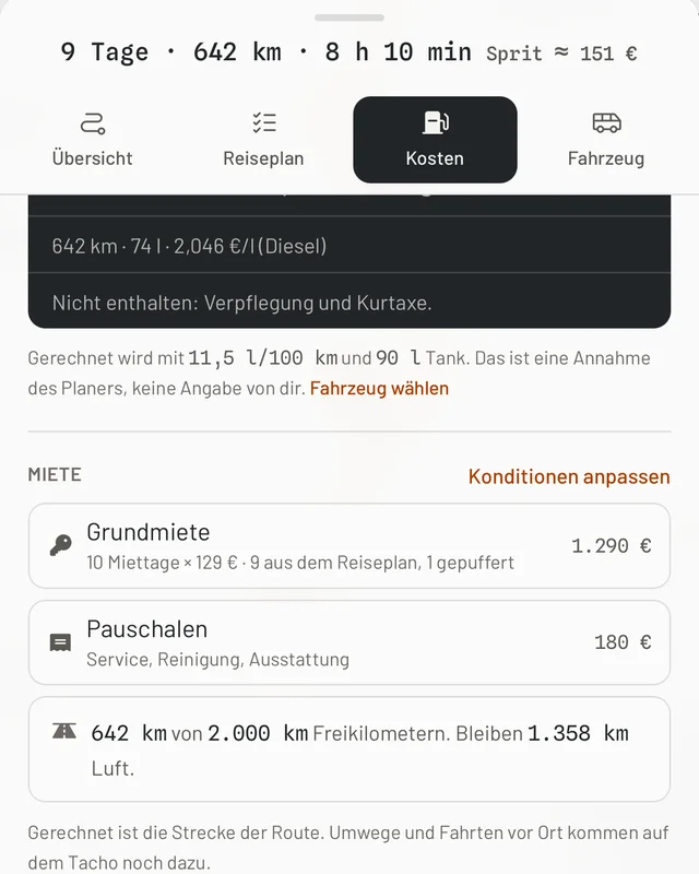 Der Kosten-Tab der App: Grundmiete, Pauschalen und die Route im Abgleich mit den Freikilometern des Mietvertrags